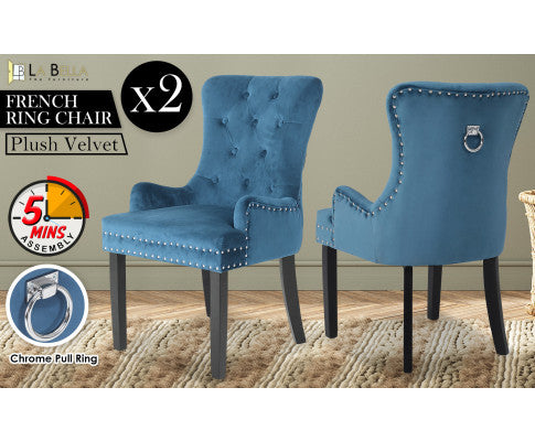 La Bella 2 Set Navy Blue French Provincial Dining Chair Ring Studded Lisse Velvet Rubberwood