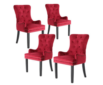 La Bella 4 Set Bordeaux Red French Provincial Dining Chair Ring Studded Lisse Velvet Rubberwood