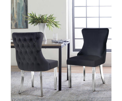 Paris Black Velvet & Silver Polished Steel Upholstered Dining Chairs Tufted Back - Set of 2