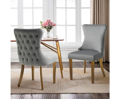 Paris Dark Grey Velvet & Gold Polished Steel Upholstered Dining Chairs Tufted Back - Set of 2