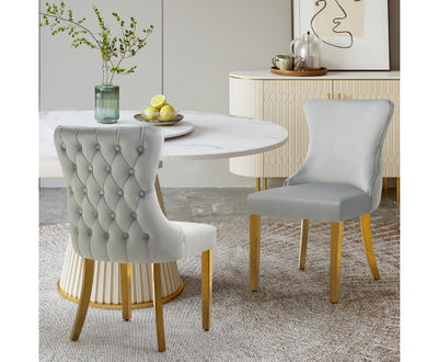 Paris Light Grey Velvet & Gold Polished Steel Upholstered Dining Chairs Tufted Back - Set of 2