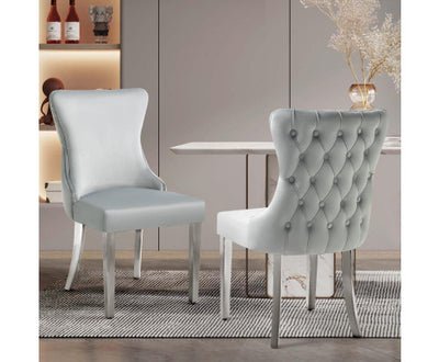Paris Light Grey Velvet & Silver Polished Steel Upholstered Dining Chairs Tufted Back - Set of 2