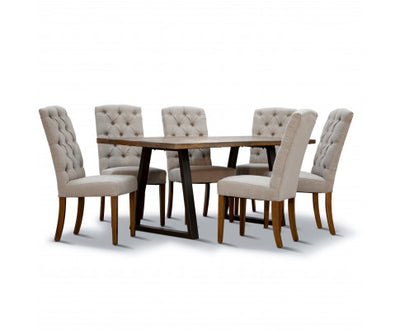 Begonia 7pc Dining Set 180cm Live Edge Table 6 Beige Fabric Chair Mango Wood