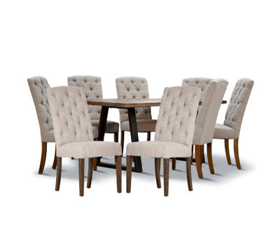 Begonia 9pc Dining Set 220cm Live Edge Table 8 Beige Fabric Chair Mango Wood