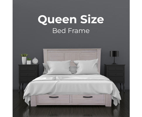 Foxglove Bed Frame Queen Size Timber Mattress Base With Storage Drawers - White