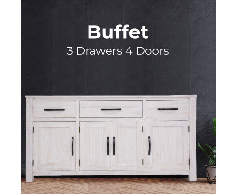 Foxglove Buffet Table 158cm 4 Door 3 Drawer Solid Mt Ash Timber Wood - White