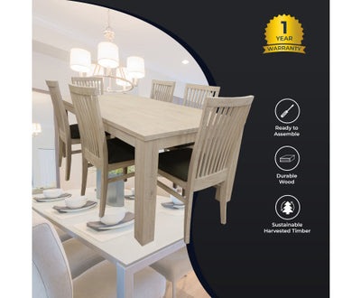Foxglove 7pc Dining Set 190cm Table 6 PU Seat Chair Solid Mt Ash Wood - White