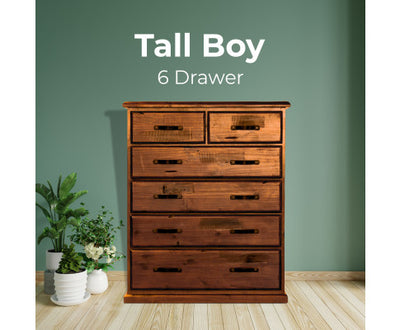Umber Tallboy 6 Chest of Drawers Solid Pine Wood Storage Cabinet - Dark Brown
