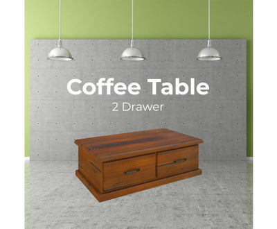 Umber Coffee Table 127cm 2 Drawer Solid Pine Timber Wood - Dark Brown