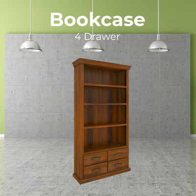 Umber Bookshelf Bookcase 4 Tier Drawers Solid Pine Timber Wood - Dark Brown