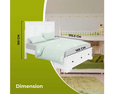 Celosia Queen Size Bed Frame Timber Mattress Base With Storage Drawers - White