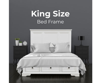 Celosia King Size Bed Frame Timber Mattress Base With Storage Drawers - White