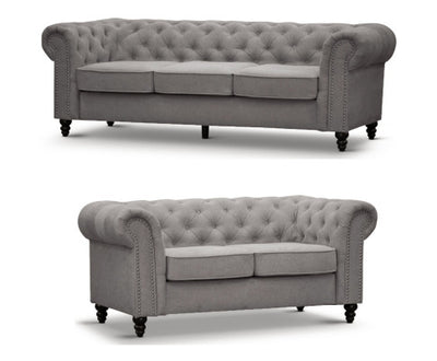 Mellowly 3 + 2 Seater Sofa Fabric Uplholstered Chesterfield Lounge Couch - Grey