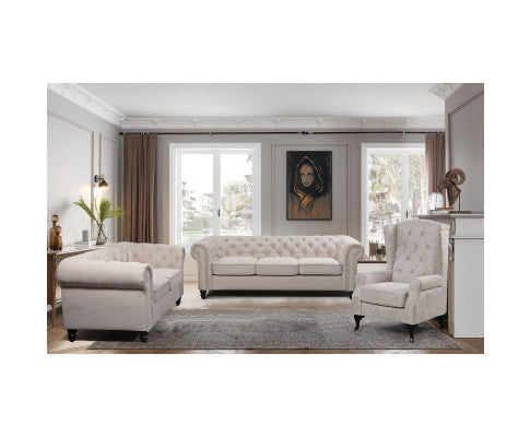 Mellowly 3 + 2 Seater Sofa Fabric Uplholstered Chesterfield Lounge Couch - Beige