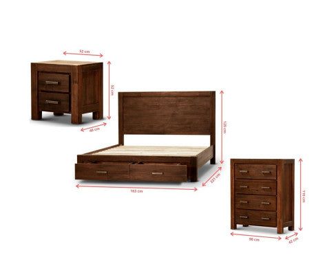 Comfortis 4pc Queen Bed Frame Suite Bedside Tallboy Furniture Package - Walnut