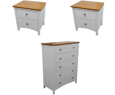 Lobelia Bedside Tallboy 3pc Bedroom Set Drawers Nightstand Storage Cabinet - WHT