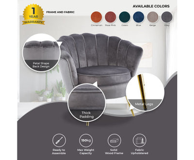 Bloomer Velvet Fabric Accent Sofa Love Chair Round Ottoman Set - Grey