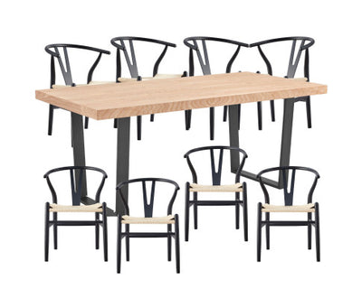 Petunia 9pc 210cm Dining Table Set 8 Wishbone Chair Elm Timber Wood Metal Leg