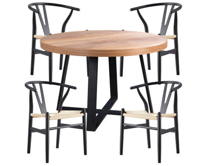 Petunia 5pc 120cm Round Dining Table Set 4 Wishbone Chair Elm Timber Wood