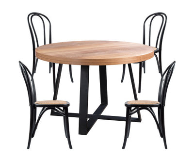 Petunia 5pc 120cm Round Dining Table Set 4 Arched Back Chair Elm Timber Wood