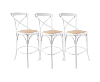 Aster 3pc Crossback Bar Stools Dining Chair Solid Birch Timber Rattan Seat White