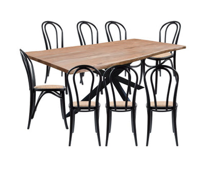 Lantana 9pc 240cm Dining Table 8 Black Arched Back Chair Set Live Edge Acacia