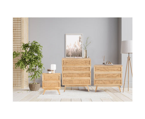 Olearia Bedside Table 2 Drawer Storage Cabinet Solid Mango Wood Rattan Natural