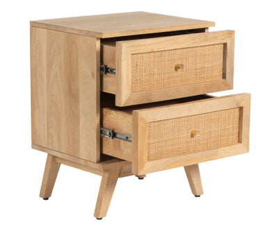 Olearia Bedside Table 2 Drawer Storage Cabinet Solid Mango Wood Rattan Natural