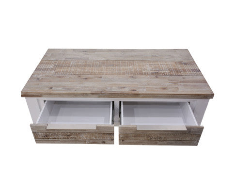 Plumeria Coffee Table 130cm 2 Drawer Solid Acacia Timber Wood - White Brush