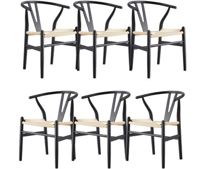 Anemone Set of 6 Wishbone Dining Chair Beech Timber Replica Hans Wenger - Black