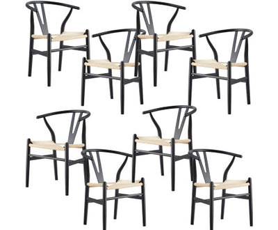 Anemone Set of 8 Wishbone Dining Chair Beech Timber Replica Hans Wenger - Black