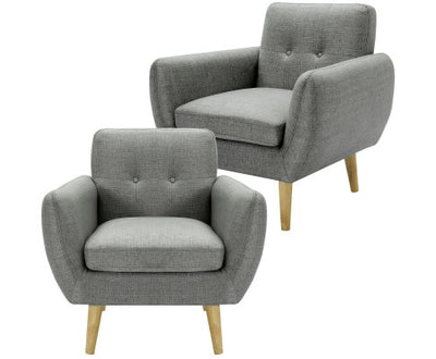 Dane Single Seater Fabric Upholstered Sofa Armchair Set of 2 - Mid Grey