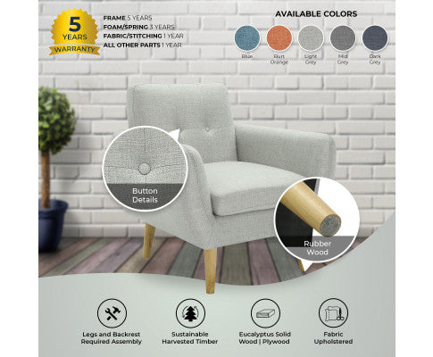 Dane Single Seater Fabric Upholstered Sofa Armchair Set of 2 - Light Grey