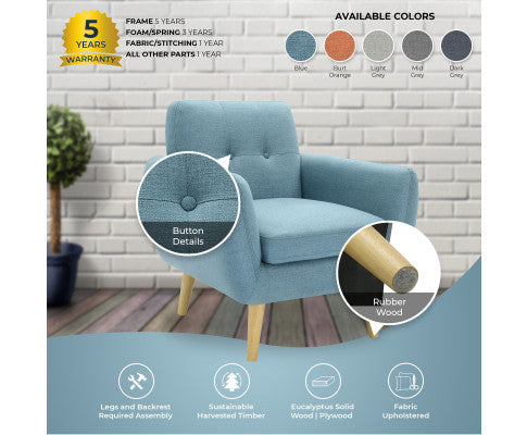 Dane Single Seater Fabric Upholstered Sofa Armchair Set of 2 - Blue