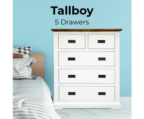 Orville Tallboy 5 Chest of Drawers Solid Wood Storage Cabinet - Multi Color