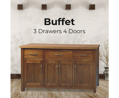 Birdsville Buffet Table 161cm 4 Door 3 Drawer Solid Mt Ash Timber Wood - Brown