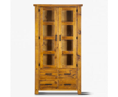 Teasel Display Unit Glass Door Bookcase Solid Pine Timber Wood - Rustic Oak