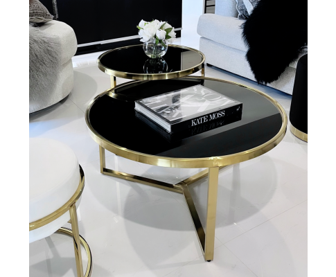 Interior Ave - Designer Giselle Black Glass & Brushed Gold Coffee Table Set