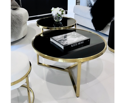 Interior Ave - Designer Giselle Black Glass & Brushed Gold Coffee Table Set