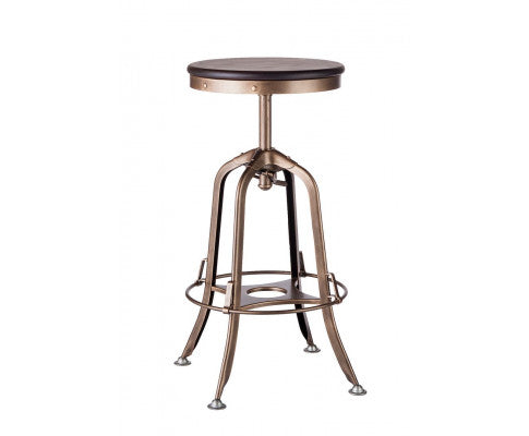 Industrial Wooden Height Adjustable Swivel Bar Stool - French Brass