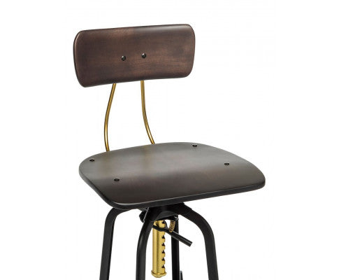 Industrial Wooden Height Adjustable Swivel Bar Stool Chair with Back - Gold Black