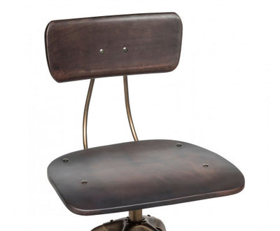 Industrial Wooden Height Adjustable Swivel Bar Stool Chair with Back - Dark French Brass