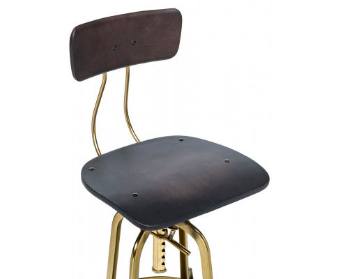 Industrial Wooden Height Adjustable Swivel Black Gold Bar Stool Chair with Back