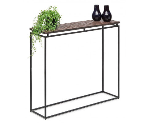 Modern Black Narrow Hallway Console Table with Copper Textured Wood Top