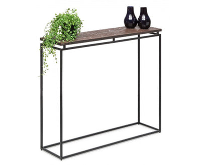 Modern Black Narrow Hallway Console Table with Copper Textured Wood Top