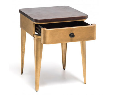 Modern Bedside Table in Brass Finish with Storage Drawer and Wood Top