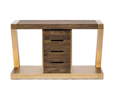 Contemporary Brass Wooden Z-Shaped Hallway Console Table with Drawers