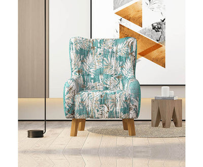 Armchair High back Lounge Accent Chair Designer Printed Fabric Upholstery with Wooden Leg