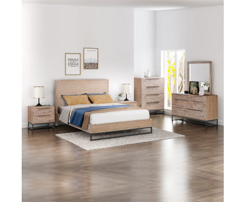 5 Pieces Bedroom Suite made in Solid Wood Acacia Veneered King Size Oak Colour Bed, Bedside Table, Tallboy & Dresser