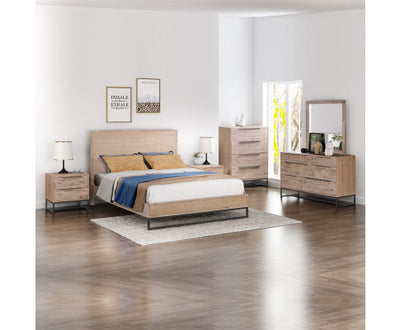 5 Pieces Bedroom Suite made in Solid Wood Acacia Veneered Queen Size Oak Colour Bed, Bedside Table, Tallboy & Dresser